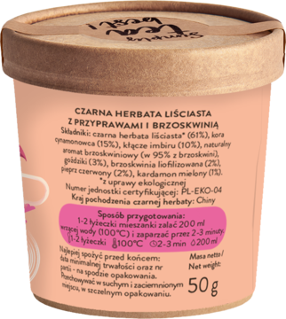 Tył brązowego opakowania herbaty Brown House & Tea: czarna herbata liściasta z przyprawami i brzoskwinią, 50g.