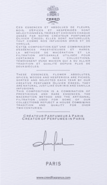 Biała karta z tekstem o perfumach Creed, opisem esencji, podpisem Oliviera Creeda i logo marki.
