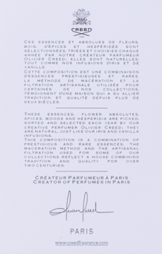 Biała ulotka Creed z czarnym tekstem o esencjach perfum, logo na górze i podpisem Olivier Creed.