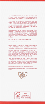 Tył białego opakowania Guerlain Aqua Allegoria, czerwony tekst o ekologii, z logo pszczoły i certyfikatem FSC.