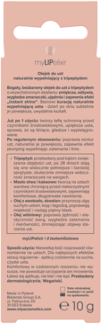 Tył jasnoróżowego opakowania olejku do ust myLIPelixir z tripeptydem, z detalicznym opisem działania i składu.