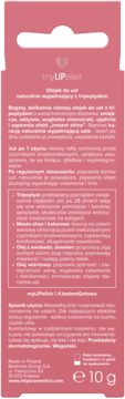 Tył różowego opakowania olejku do ust myLIP elixir z tripeptydem, z polskim opisem składników i działania.