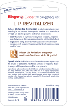 Białe opakowanie Blistex Lip Revitalizer, tył, z opisem działania, składnikami peptydy i olej kawowy, 24h nawilżenie.