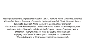 Etykieta wody perfumowanej Armaf Odyssey Mandarin Sky z czarnymi napisami na białym tle, widok na skład i ostrzeżenia.