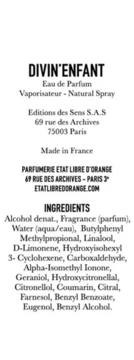 Etykieta perfum Divin'Enfant Eau de Parfum Etat Libre d'Orange, z widoczną listą składników INCI.
