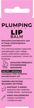 Różowy Plumping Ginger Lip Balm, powiększający usta. Opakowanie z przodu z opisem składników aktywnych.