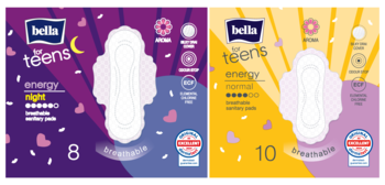Dwa opakowania podpasek Bella for Teens Energy: fioletowe 'night' (8 szt.) i żółte 'normal' (10 szt.).