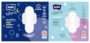 Dwa opakowania podpasek Bella for Teens Sensitive: nocne (8 szt., ciemnoniebieskie) i normal (10 szt., błękitno-fioletowe), bezzapachowe.