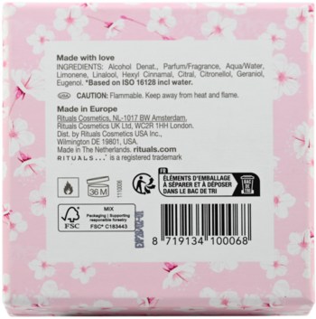 Tył różowego opakowania Rituals Fleurs de L'Himalaya EDP, biała etykieta z listą składników i kodem EAN.