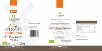 Białe opakowanie mąki orkiszowej BIO Juchowo Farm Luksusowa typ 550, widok przodu i tyłu produktu 1kg.