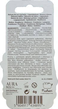 Tył opakowania balsamu do ust Aura Pusheen malina, z listą składników, kodem kreskowym i logo na różowym tle.