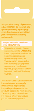 Żółta grafika z polskim opisem balsamu Lano Balm, podkreślającym 100% lanoliny na suche usta.