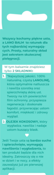Tył turkusowego balsamu Bielenda Lano Balm, z białym tekstem opisującym składniki: lanolinę i olejek kokosowy.