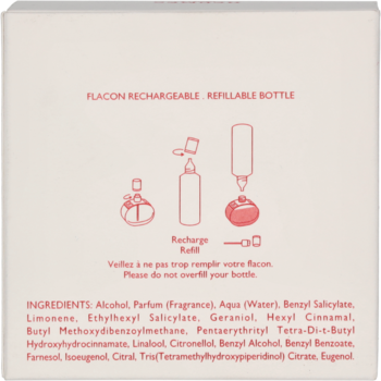 Tył karty perfum Hermes Barénia Eau de Parfum, z ilustracją instrukcji napełniania butelki i listą składników.