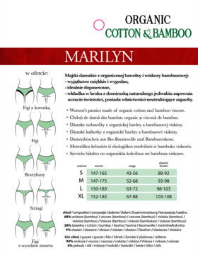Plakat Marilyn: Organic Cotton & Bamboo bielizna, ilustracje pięciu typów fig z wysokim stanem i tabela rozmiarów.