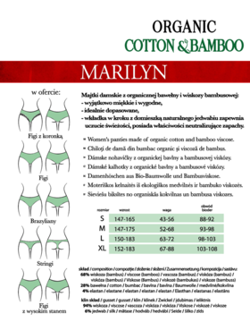 Informacja o majtkach Marilyn Organic Cotton & Bamboo: 5 stylów, tabela rozmiarów, skład materiału.