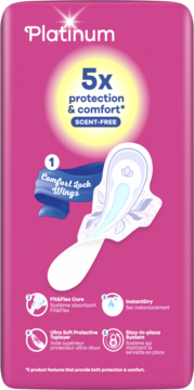 Różowe opakowanie Always Platinum, podpaski ze skrzydełkami, 5x ochrona i komfort, bez zapachu. Widok z przodu.