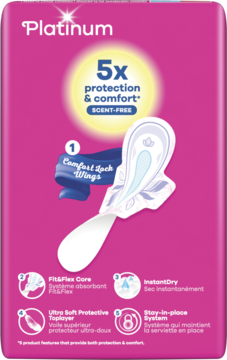 Różowe opakowanie podpasek Always Platinum Day & Night, rozmiar 3, z grafiką białej podpaski i Comfort Lock Wings.