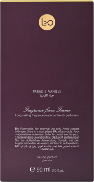 Tylna strona bordowego opakowania Lou De Pre Paradis Vanille Eau de Parfum 90 ml ze złotymi napisami i ostrzeżeniami.