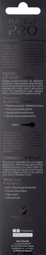 Tył opakowania pędzla do korektora KillyS Makeup PRO, ciemny, z opisem cech i małym zdjęciem pędzla.