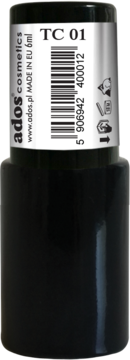 Ados top coat TC 01, czarna butelka 6ml ze srebrną nakrętką i etykietą z kodem kreskowym, widok z przodu.