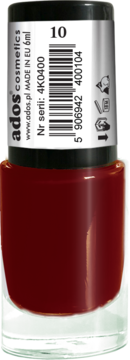 Lakier do paznokci ADOS Cosmetics nr 10, głęboka czerwień, szklana butelka 6ml z czarnym korkiem, widok frontalny.