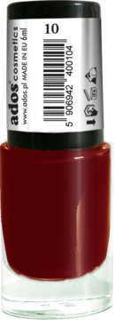 Ciemnoczerwony lakier do paznokci Ados Cosmetics nr 10 w butelce 6ml z czarną nakrętką, widok z przodu.
