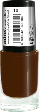 Brązowy lakier do paznokci ADOS cosmetics nr 10, w szklanej butelce z czarną nakrętką, widok z przodu.