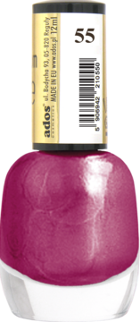 Lakier do paznokci Ados Premium Line 55, magenta perłowy o wysokim połysku, butelka, widok z przodu.