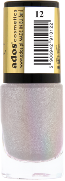 Ados lakier Crystalic nr 12, opalizujący, perłowo-srebrny z delikatnym brokatem, butelka, widok z przodu.