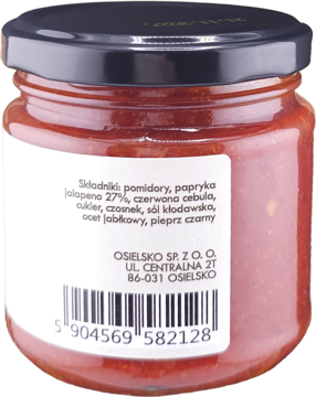 Tył szklanego słoika sosu jalapeno Osielsko. Biała etykieta ze składem: papryka jalapeno 27%, pomidory, cebula.