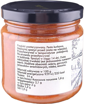 Tył szklanego słoika pesto kurkowego Osielsko, pomarańczowy, z czarną nakrętką i polską etykietą.