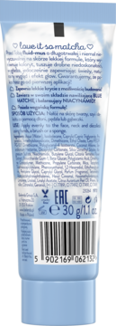 Tył podkładu Bielenda Blue Matcha fluid-mus, 30g, jasnoniebieska tubka, widoczny skład i kod kreskowy.