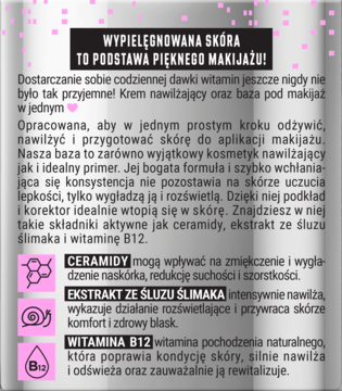 Tył opakowania Bielenda Beauty Base, kremu-bazy z ceramidami, śluzem ślimaka i witaminą B12.