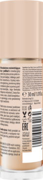 Tył butelki Flawless Glow Ivory, baza pod makijaż i podkład rozświetlający, z widocznym składem i kodem kreskowym.