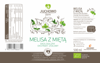 Juchowo Farm Melisa z Miętą Ekologiczny Ekstrakt Ziołowy 500ml, brązowa etykieta z grafiką liści, widok z przodu i boku.