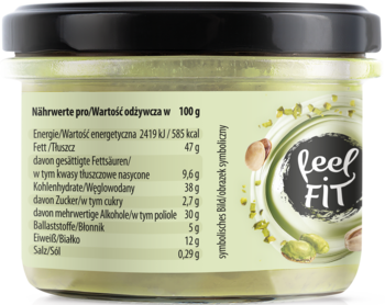 Tył słoika Feel Fit veganela, wegańskiego kremu pistacjowego, z zieloną etykietą i tabelą wartości odżywczych.