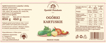 Etykieta Ogródek Dziadunia: Ogórki Kartuskie. Słodko-kwaśne, z cebulą i papryką. Polski produkt, 850g.