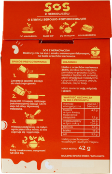 Tył czerwonego opakowania sosu serowo-pomidorowego Wege Siostry z nerkowców, z instrukcjami i składnikami.
