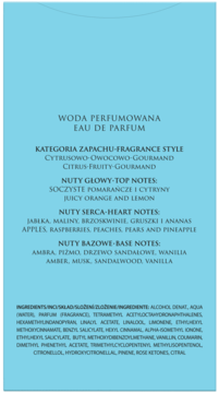Tył jasnoniebieskiej damskiej wody perfumowanej, opis nut: cytrus, owoce, gourmand, wanilia.