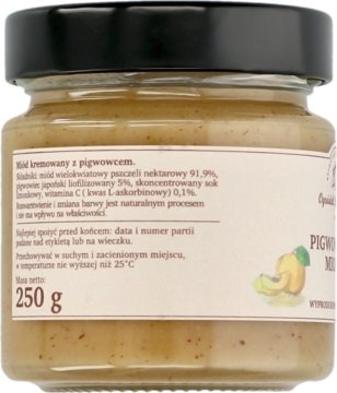 Tył słoika kremowanego miodu wielokwiatowego z pigwowcem Ogródek Dziadunia, z widoczną etykietą 250g.