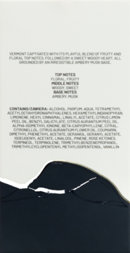 Tył opakowania wody perfumowanej Sorvella Vermont z listą składników i nutami zapachowymi na białym tle.
