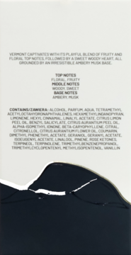 Tył opakowania Sorvella Vermont, perfum unisex. Białe tło, lista nut zapachowych (cytrusowe, kwiatowe, bursztyn) i składników.