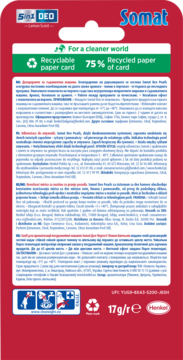 Tył opakowania Somat Duo Perls, odświeżacza do zmywarek z cytrynowym zapachem. Czerwone tło, info o recyklingu.