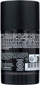 Czarny antyperspirant w sztyfcie Rituals, tył opakowania, cedr i witamina E, kod kreskowy, ikony.