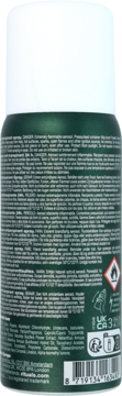 Tył ciemnozielonego antyperspirantu w sprayu Rituals of the Jing, z białym tekstem, listą składników i symbolem ostrzegawczym.