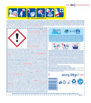 Tył opakowania Persil XXL Discs Expert Stain Removal, 34 kapsułki, niebiesko-białe z ostrzeżeniami i instrukcjami prania.