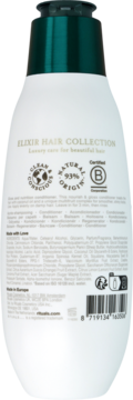 Tył białej butelki odżywki Rituals Elixir Hair, zielona nakrętka, tekst o 93% naturalnego pochodzenia.