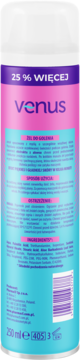 Tył nawilżającego żelu do golenia Venus z witaminą E i aloesem, 250ml. Różowo-turkusowa butelka z opisem składników.