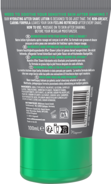 Tył tubki balsamu po goleniu Wilkinson Sword 100ml, nawilżający, do wrażliwej skóry, z zieloną nakrętką.